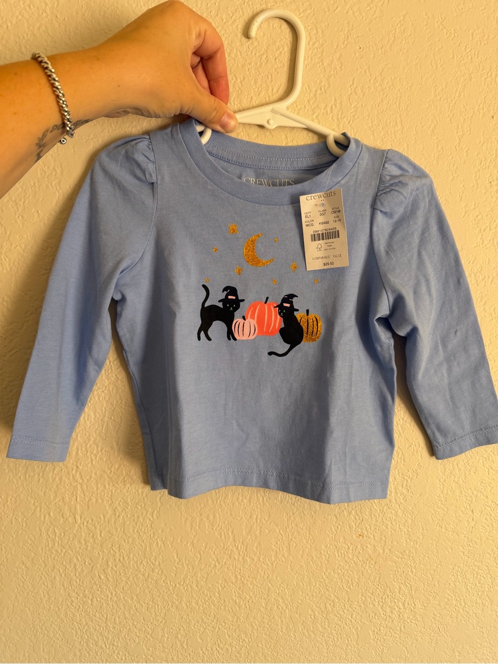 Crewcuts Light Blue Long-Sleeve Tee with Black Cat & Pumpkin Graphic